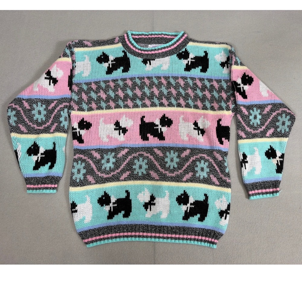 Vintage Heartworks Kids Scottie Dog Knit Sweater Pastel Pink Teal Made in USA S‎
